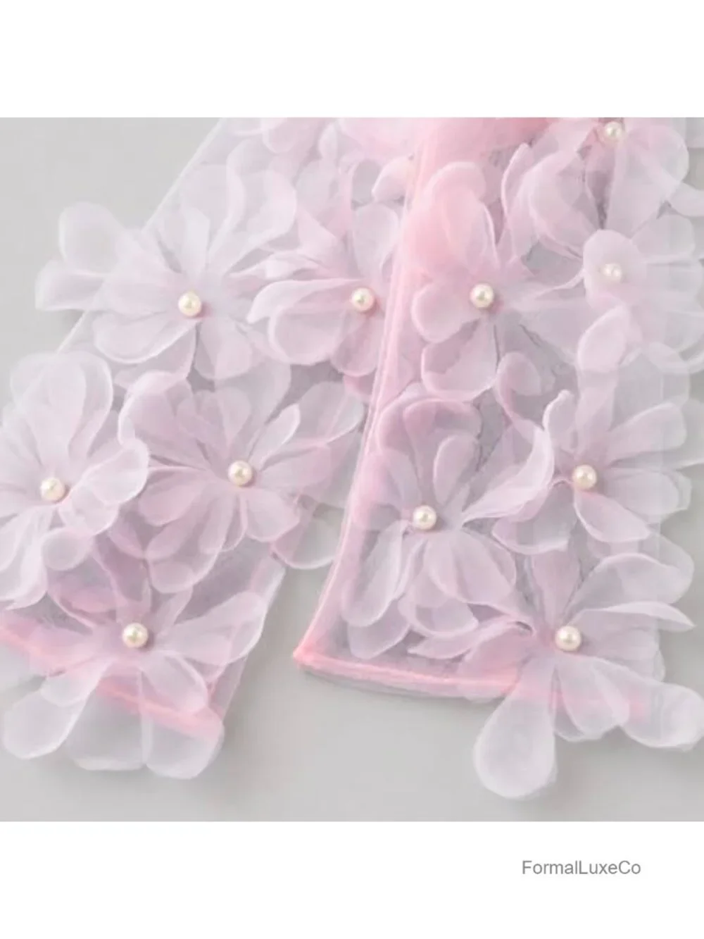 Long Tulle Sheer Gloves with Pearls Floral Lace Sleeves for Wedding Bridal